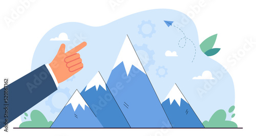 Finger of cartoon businessman pointing at mountain top. Person with aim or aspirations flat vector illustration. Motivation, achievement, goal, success concept for banner or landing web page