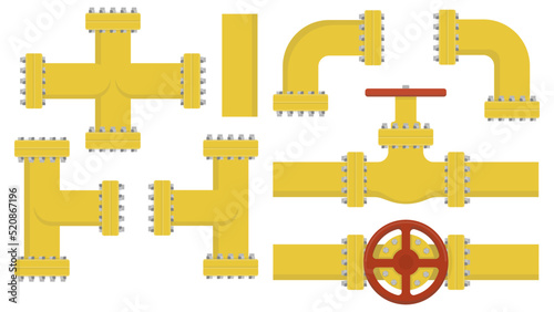 Set of yellow elements of the pipeline. Gas and oil industry. Vector illustration.