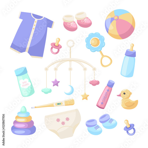 Cute accessories for newborn babies vector illustrations set. Collection of cartoon drawings of toys, pacifiers, rattle, bottle, clothes, cream on white background. Baby care, childbirth concept
