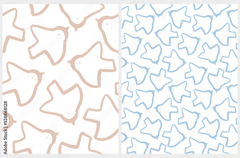 Cute Simple Seamless Vector Pattern with Light Blue and Beige Hand Drawn Flying Birds on a WhiteBackground. Abstract Doves Print ideal for Fabric, Textile. Pattern with Animal Symbol of Peace. Cute Simple Seamless Vector Pattern with Light Blue and Beige Hand Drawn Flying Birds on a WhiteBackground. Abstract Doves Print ideal for Fabric, Textile. Pattern with Animal Symbol of Peace.