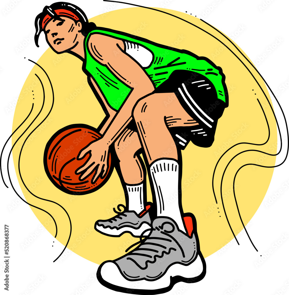 Basketball player playing with ball. Healthy funny sport activity. Trendy jumping fitness exercises for young people. Fashion sportswear. Hand drawn vector illustration. Cartoon line character drawing