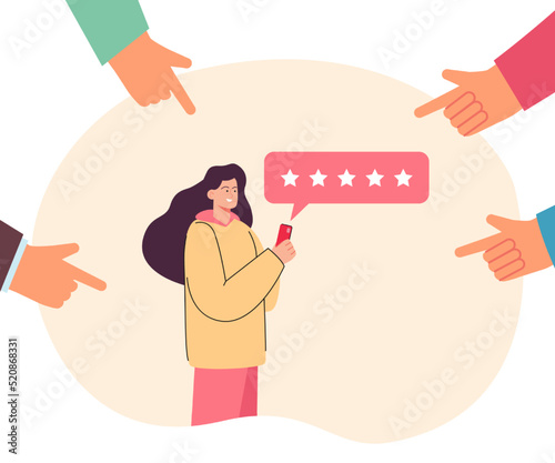 Customer leaving positive feedback in mobile app. Happy girl giving five stars for service flat vector illustration. Evaluation, quality, opinion concept for banner, website design or landing web page