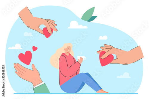 Happy girl surrounded by huge human hands holding hearts. Woman drinking tea, surrounded by care of friends flat vector illustration. Love concept for banner, website design or landing web page