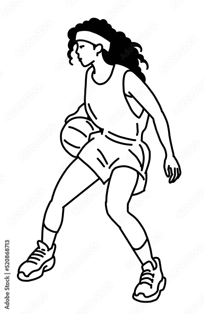 Basketball player playing with ball. Healthy funny sport activity. Trendy jumping fitness exercises for young people. Fashion sportswear. Hand drawn illustration. Cartoon line style character drawing.