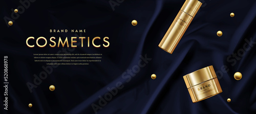 Luxury Gold Cosmetic Products on Silk Background