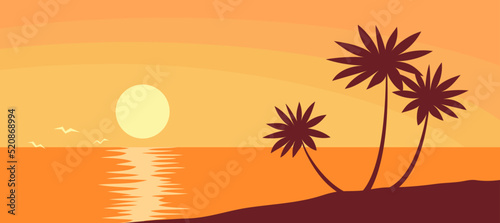 Fototapeta Naklejka Na Ścianę i Meble -  Beautiful orange sunset on the beach. Tropical palm. Sea and ocean. Paradise lagoon. Wild exotic landscape for background. Vacation and travel. Paradise lagoon. Vector illustration panorama