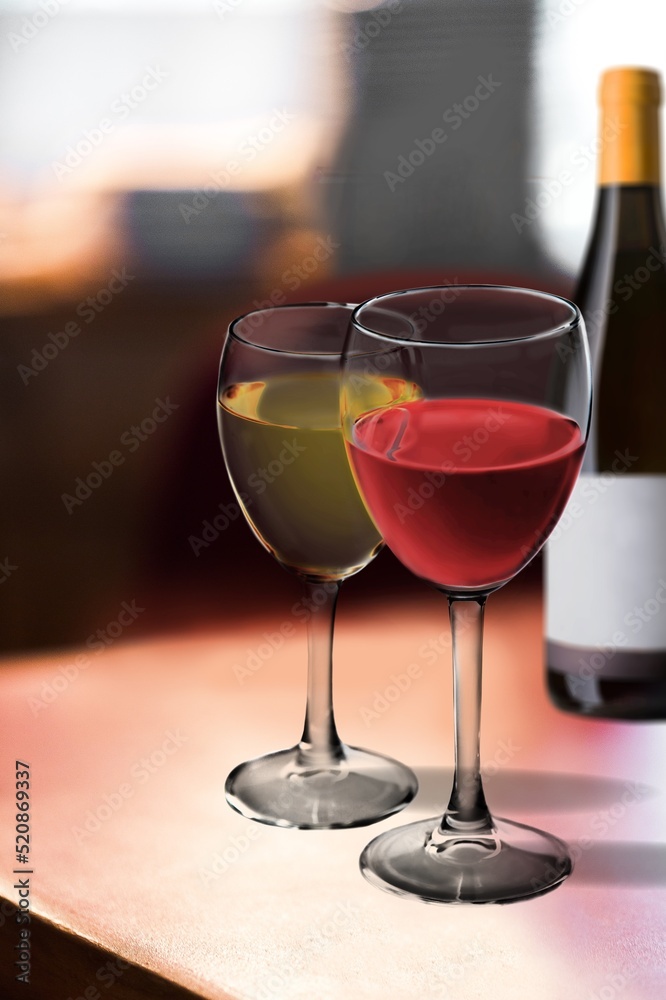 Wines assortment. Red, white wine in glasses and bottles on table background. Wine bar, shop, tasting concept