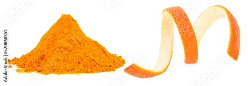 Foto Orange peel powder and orange zest isolated on a white background