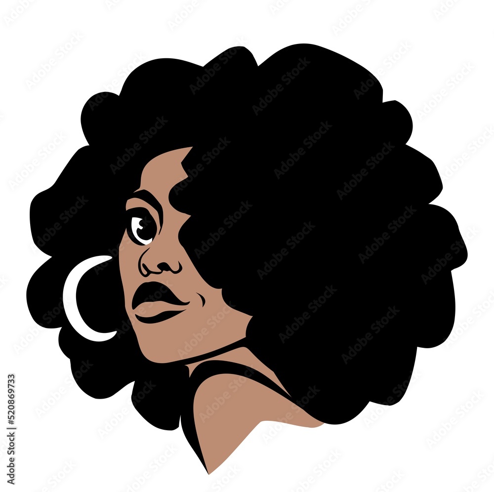 Black Afro African American girl woman lady cartoon portrait head face silhouette with curly natural waves hair puff hairstyle drawing illustration.Sublimation t shirt print.DIY