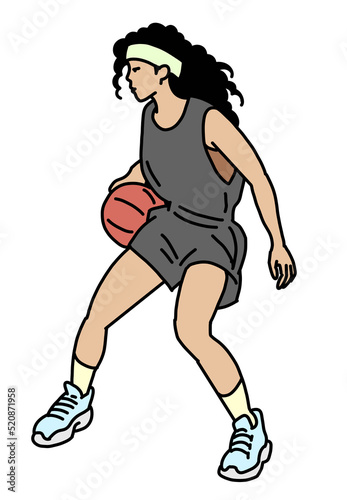 Basketball player playing with ball. Healthy funny sport activity. Trendy jumping fitness exercises for young people. Fashion sportswear. Hand drawn illustration. Cartoon line style character drawing. © Berolina