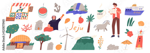 Set of Jeju island landmarks and symbol icons, cartoon flat vector illustration isolated on white background. Hallasan mountain, Haenyeo woman, Dolhareuband, lighthouse, ship and tangerine dekopon.