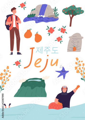 Jeju island poster with landmarks and symbols, cartoon flat vector illustration. Postcard with Hallasan mountain, sea, Haenyeo woman, waterfall, camellia tree and tourist man with backpack.