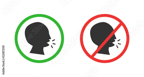 Talking prohibition and permission icon set. Conversation restrictions. Vectors.