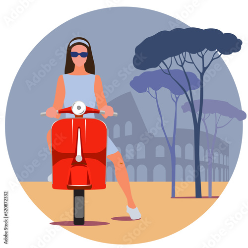 Round vector illustration of Rome with the Colosseum, pine trees and a girl on a scooter