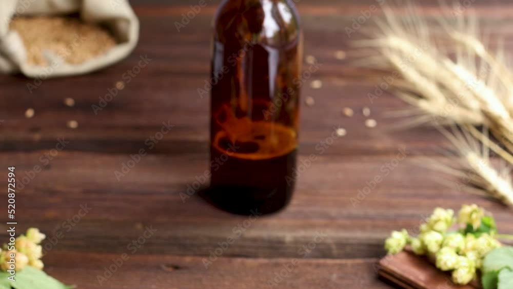 Drinking homemade light beer in a glass glass on a wooden background with hops and barley. Home brewing concept. Home brewing concept. Drinking homemade light beer in a glass glass on a wooden background with hops and barley. Home brewing concept. Home brewing concept.