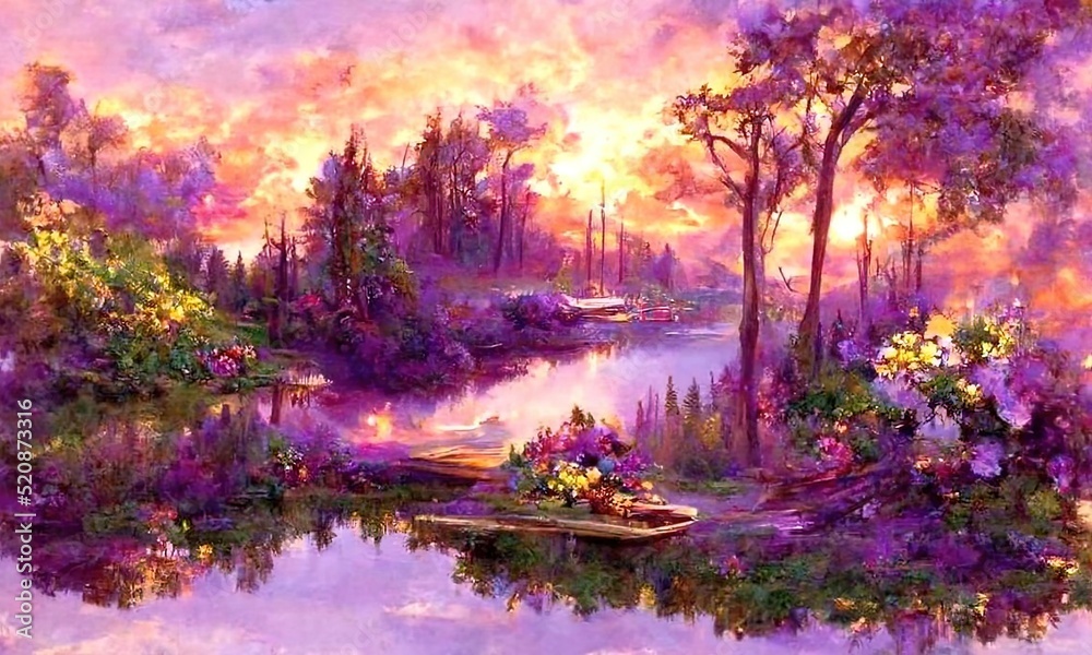 Naklejka premium Beautiful river landscape in violet and warm yellow colors. Forest on a bank of a river. Natural wallpaper. Digital painting illustration.