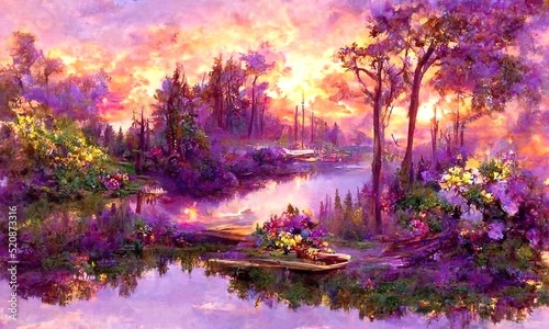 Beautiful river landscape in violet and warm yellow colors. Forest on a bank of a river. Natural wallpaper. Digital painting illustration.