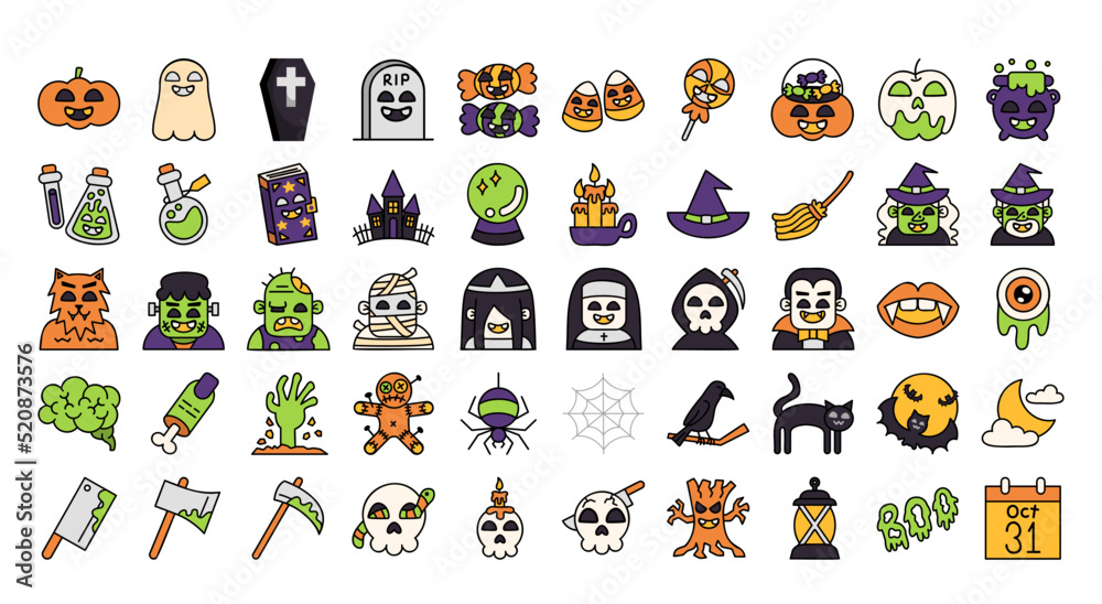 Obraz premium Halloween set of 50 Lineal color icon isolated on white background.
