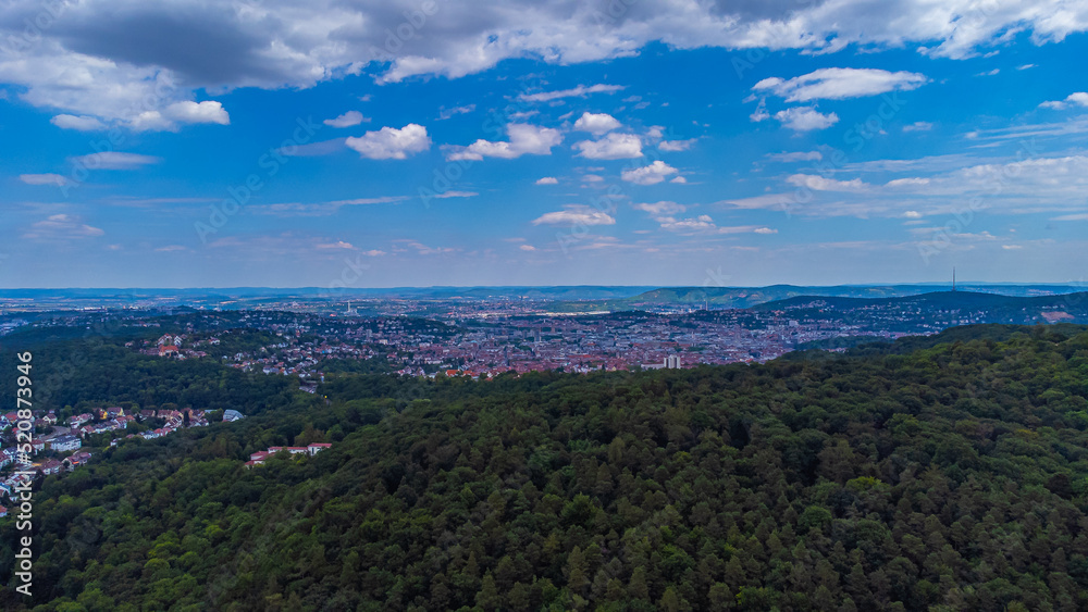 Fototapeta premium drone shot, Stuttgart panorama with a huge forest in the foreground