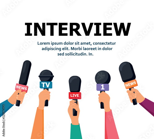 News concept with microphones. Broadcasting, interview and communication vector banner with handa holding microphones. Illustration of microphone for news, broadcasting live news