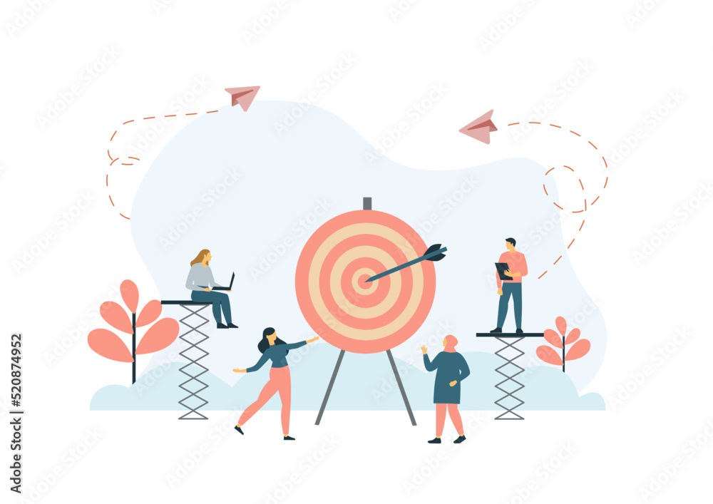 Teamwork, working with the same goal. Goals, and objectives, business growth, business plan, goal setting concept. Vector isolated concept creative illustration.