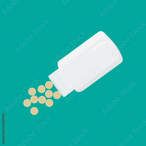 Opened pill bottle. Pill bottle and pills. Flat vector illustration. 