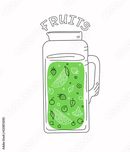 Pitcher with fruit drink in doodle style. Fruit juice with lemons, berries, lime, mint. Vector illustration.