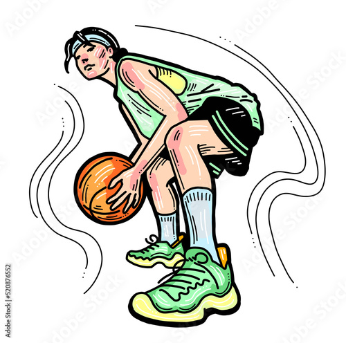Basketball player playing with ball. Healthy funny sport activity. Trendy jumping fitness exercises for young people. Fashion sportswear. Hand drawn illustration. Cartoon line style character drawing.