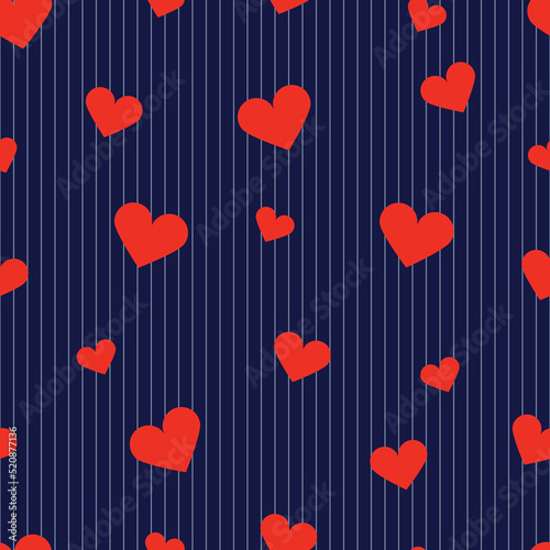 Red hearts, blue background, seamless vector pattern