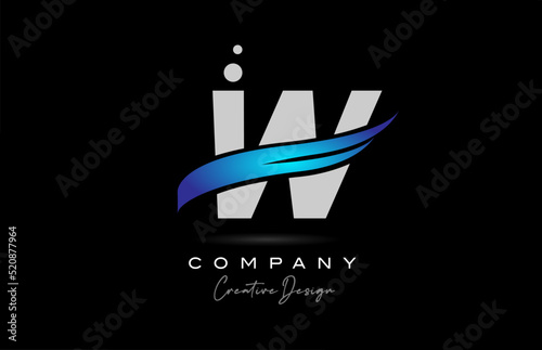 W grey alphabet letter logo icon with blue swoosh. Creative template for business and company