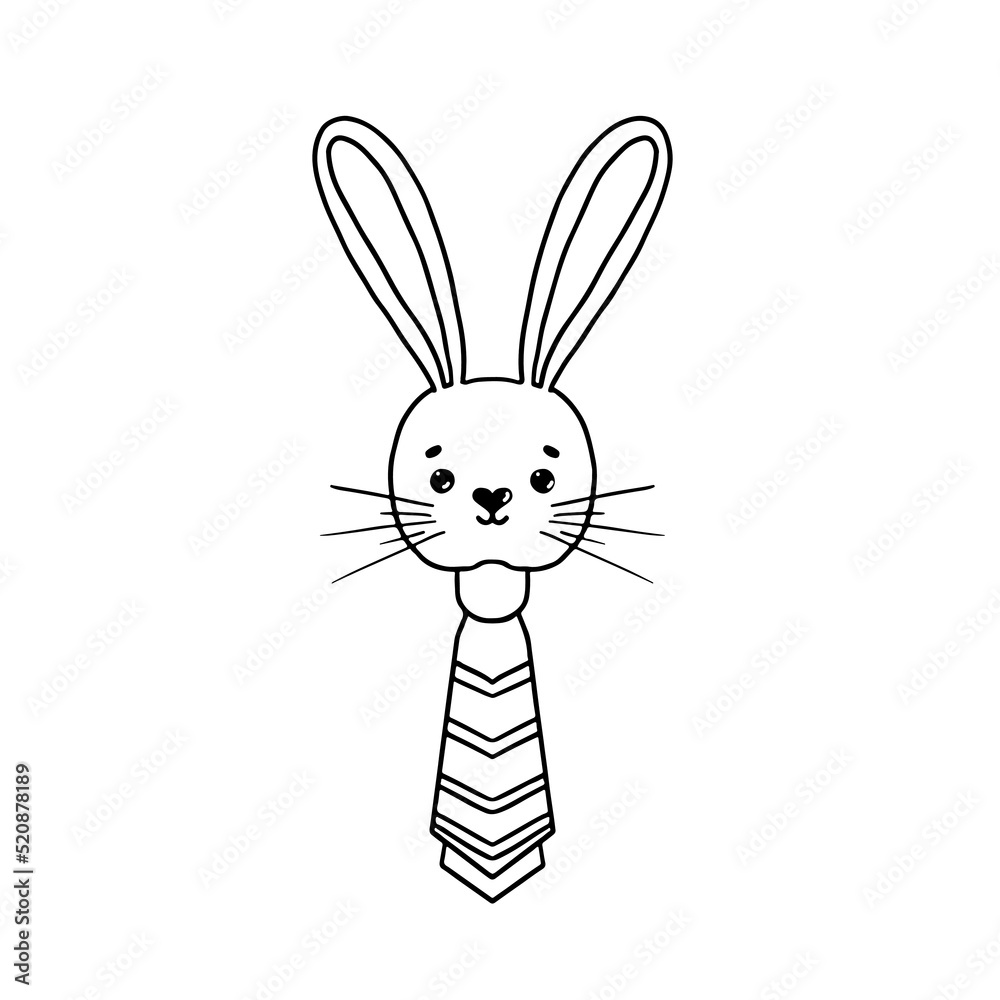 Fototapeta premium Cute rabbit with tie in doodle style. Hand drawn cute animal vector illustration. Year symbol.