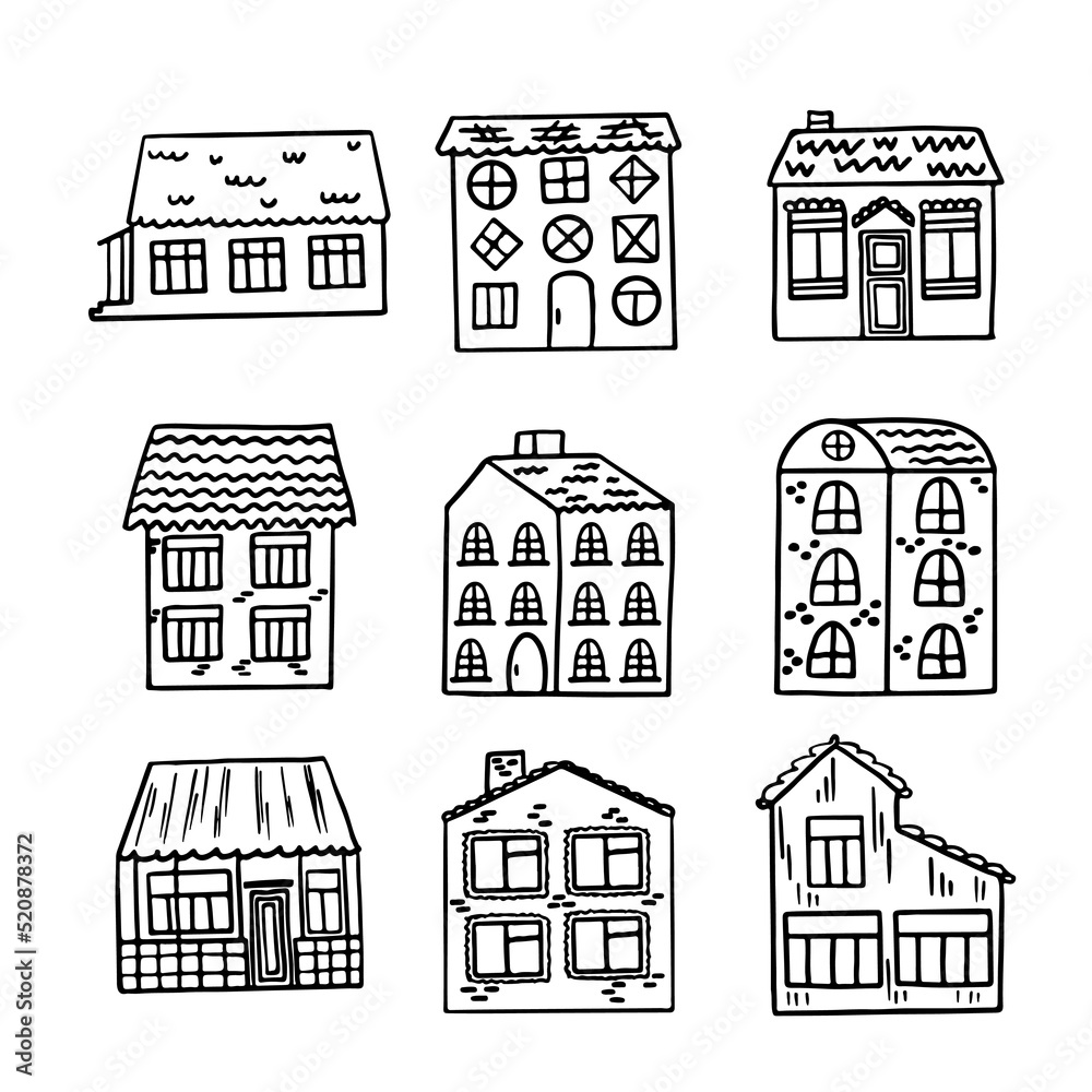 Set of cute houses isolated on white background. Hand drawn sketch in doodle style. Vector image, clipart, editable details.Houses for coloring books.