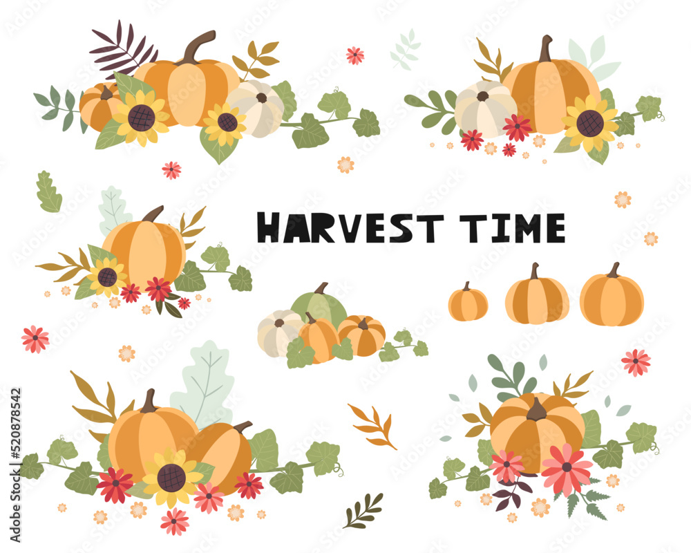 Fototapeta premium Harvest Time autumn set with pumpkins, sunflowers, fall leaves and seasonal floral arrangements. Festive fall composition for Thanksgiving, autumn decor and seasonal designs. Isolated illustration.