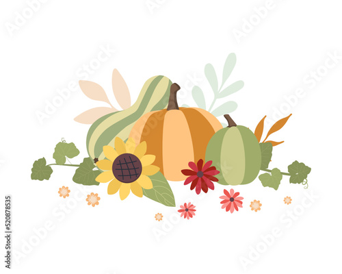 Autumn concept for Harvest festival or Thanksgiving Day. Pumkins with sunflowers and leaves. Background for posters, web, banners, flyers, postcards 
