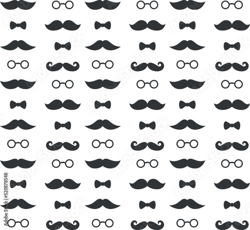 black color hipster mustache vector seamless pattern, monochrome hipster bow and glasses wallpaper
