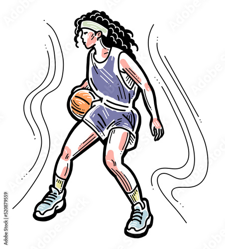 Basketball player playing with ball. Healthy funny sport activity. Trendy jumping fitness exercises for young people. Fashion sportswear. Hand drawn illustration. Cartoon line style character drawing.