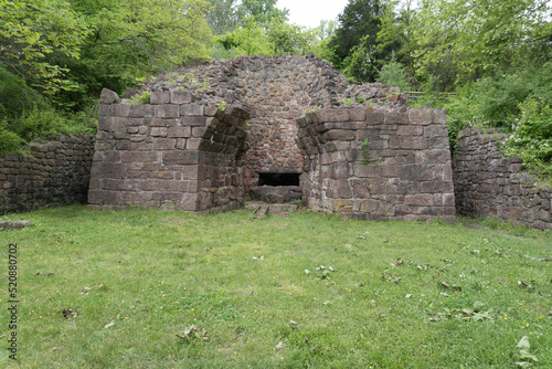 Hot blast anthracite furnace at Hopewell Furnace National Historic Site in Pennsylvania. Example of American 19th century rural "iron plantation," with charcoal-fired cold-blast iron blast furnace.