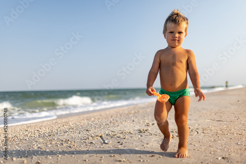 Kid collects shells and pebbles in the sea on a sandy bottom under the summer sun on a vacation