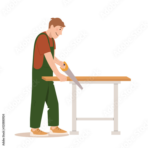 Carpenter makes a product from a tree. Man in uniform saws a board with a hand saw. Vector illustration in a flat style isolated on white background