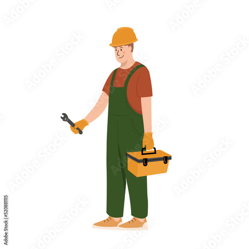 Worker with a set of tools for home renovation. Man in professional uniform helmet and dungarees with toolkit. Repair service, laborer or constructor work. Vector flat design illustration