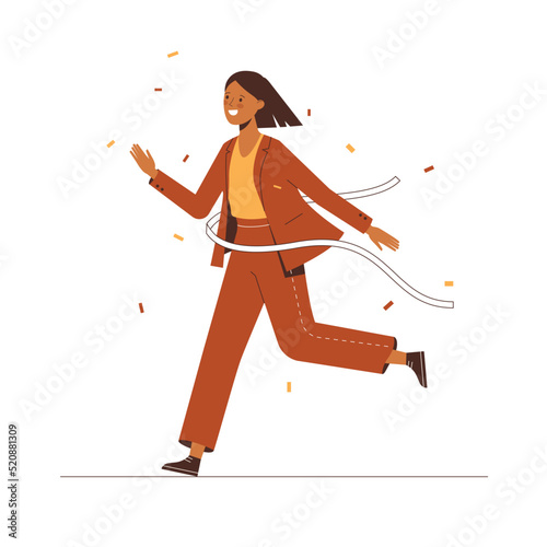 Happy businesswoman crossing the finish line first. Success concept illustration. Flat vector design.