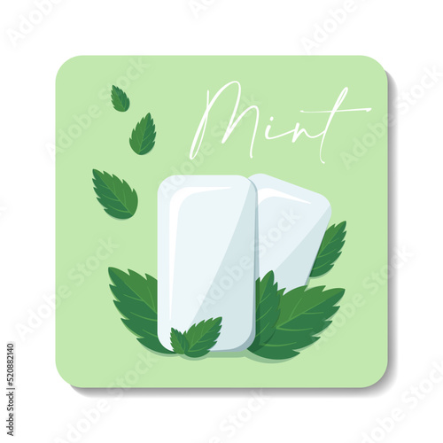 Bubble gum with mint leaves flat illustration. Stylized flat vector elements in white and green colors. Best for web, print, advertising, logo creating and branding design.