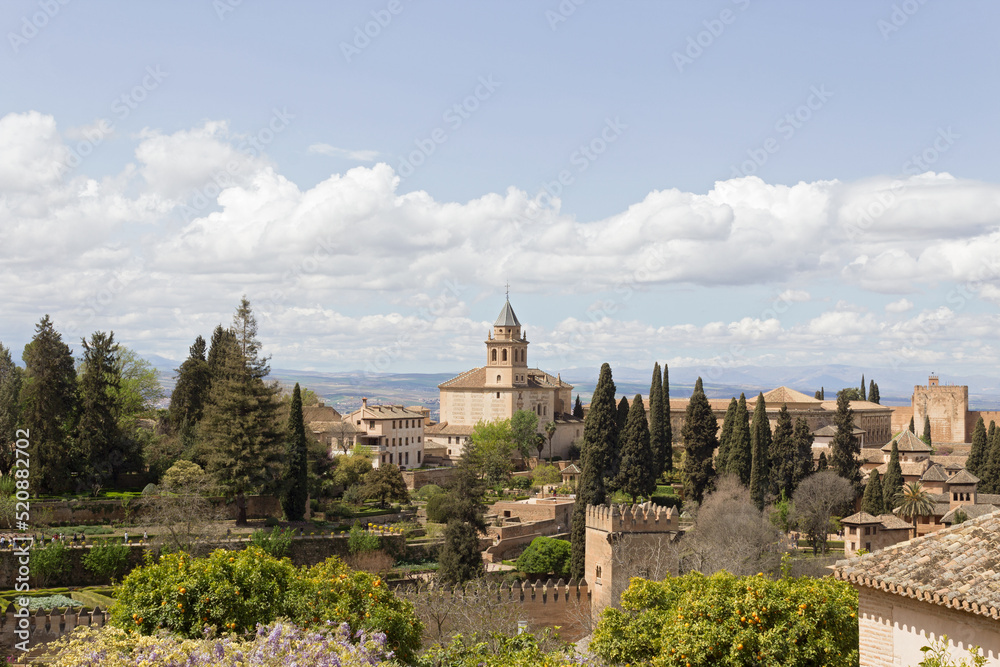 Exterior view of Alcazaba and church as seen from Generalife (The Alhambra Palace), Granada, Spain.