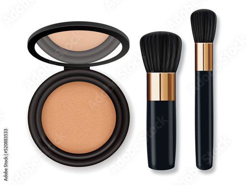 Realistic powder package, black design, make up product, isolated powder cosmetics, vector illustration