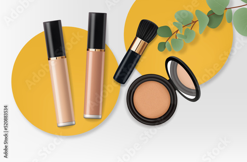 Realistic concealer bottle, makeup cosmetics, concealer of face skin corrective, packaging mockup isolated set, vector illustration