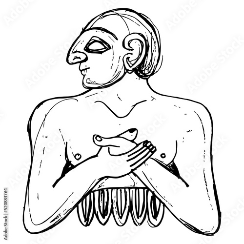 Ancient Sumerian man or priest. King of Lagash. Hand drawn linear doodle rough sketch. Black silhouette on white background.