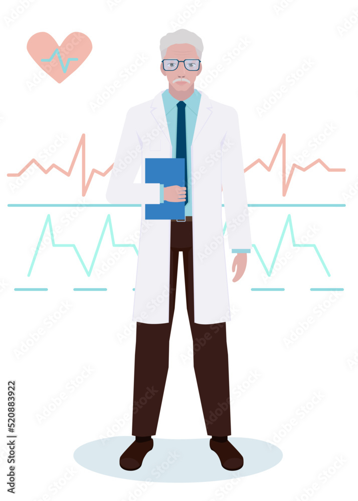 Doctor cardiologist in full growth on the background of a cardiogram. The gray-haired man treats heart diseases. An elderly doctor in a dressing gown, tie and glasses. Doctor cardiologist in full growth on the background of a cardiogram. The gray-haired man treats heart diseases. An elderly doctor in a dressing gown, tie and glasses.