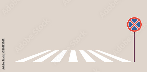 Traffic signs on city road and crosswalk concept flat vector illustration.
