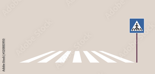 Traffic signs on city road and crosswalk concept flat vector illustration.
