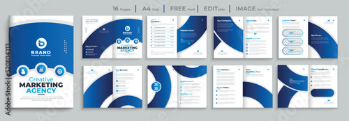 Professional Corporate modern trendy blue Gradient Color 16 Pages multipage A4 Size Company Profile Flyer Business Brochure Design full Set Vector Template